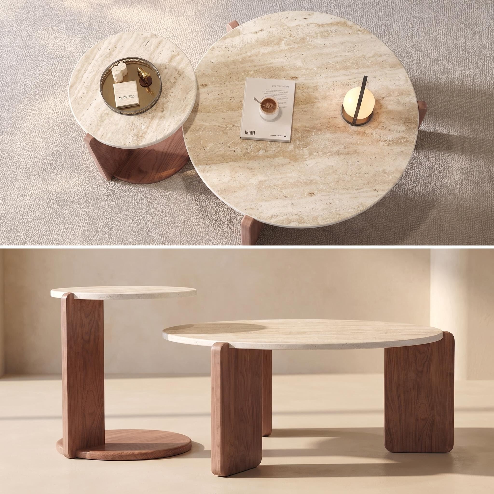 Bay Furniture Travertine Round Coffee & Side Table Set with Arch-Leg Walnut Base