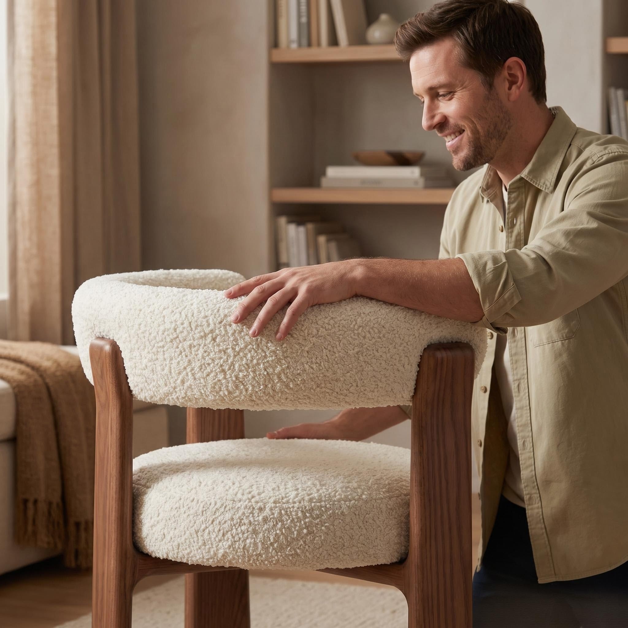 Bay Furniture Semi-Circle Wrap-Back Bouclé Dining Chair with Central Post