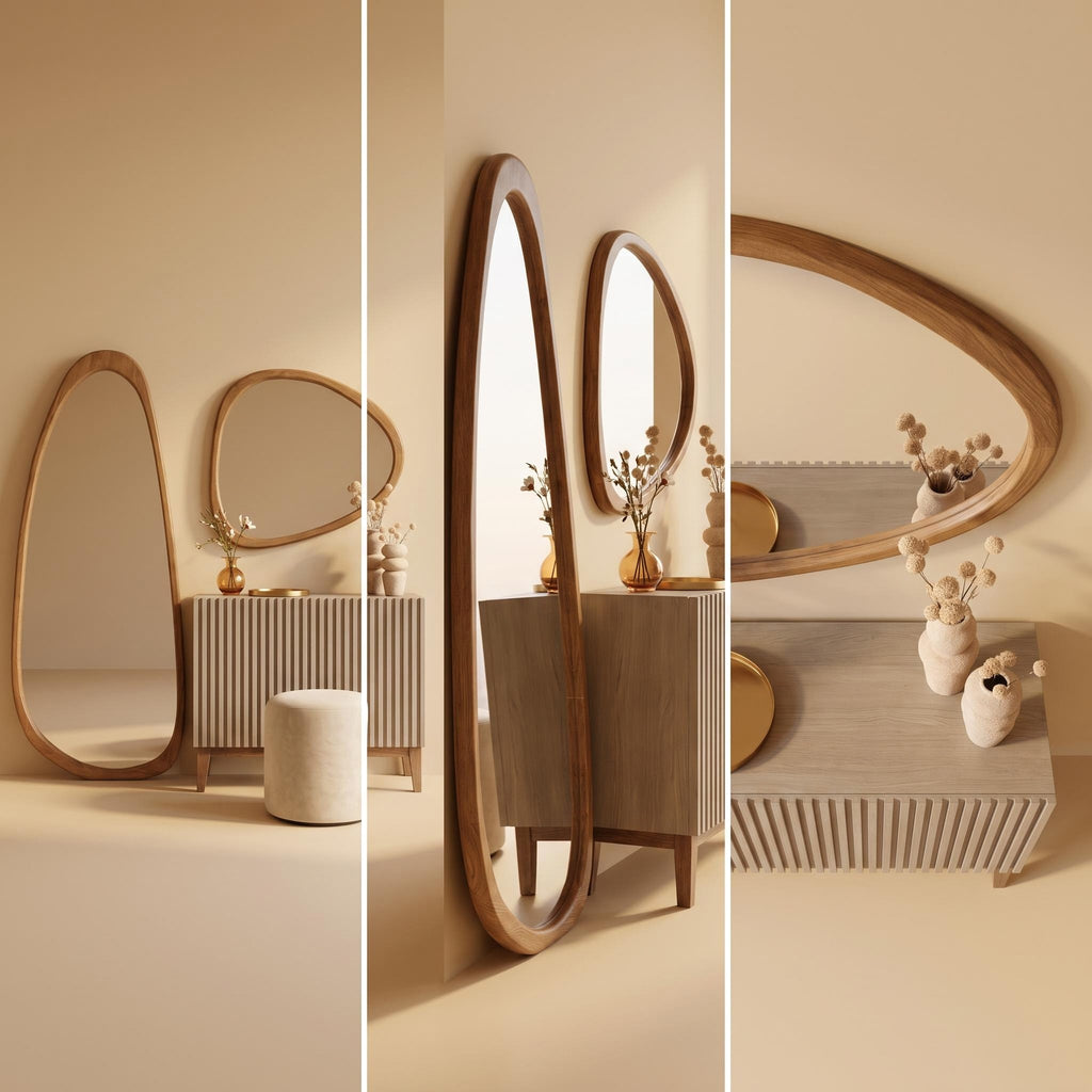 Organic Floor Mirror, Wall Mirror, Fluted Cabinet & Stool Set – Walnut | Bay Furniture