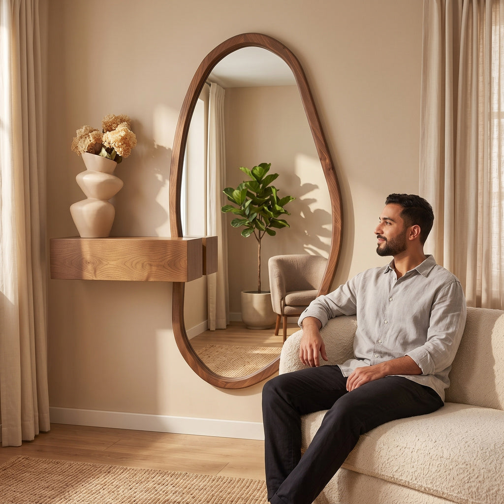 Organic Mirror, Floating Shelf & Stool Set – Walnut | Bay Furniture