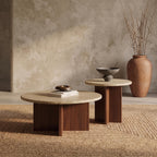 Bay Furniture Travertine Round Coffee & Side Table Set with Wide Cross-Panel Walnut Base