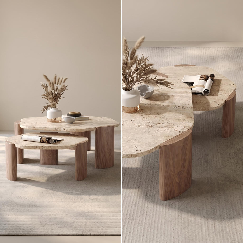 Bay Furniture Travertine Pebble-Form Nesting Coffee Table Set with Walnut Cylinder Legs