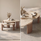 Bay Furniture Travertine Pebble-Form Nesting Coffee Table Set with Walnut Cylinder Legs