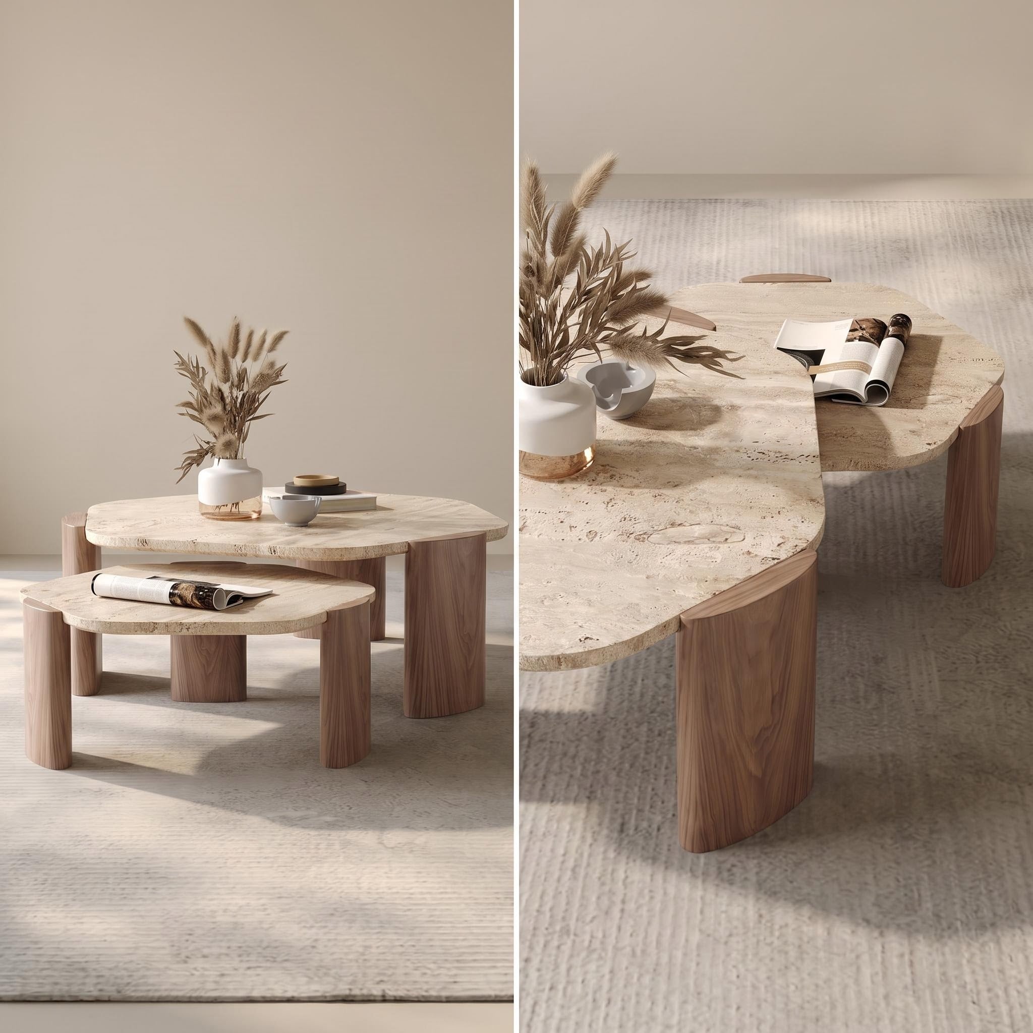 Bay Furniture Travertine Pebble-Form Nesting Coffee Table Set with Walnut Cylinder Legs