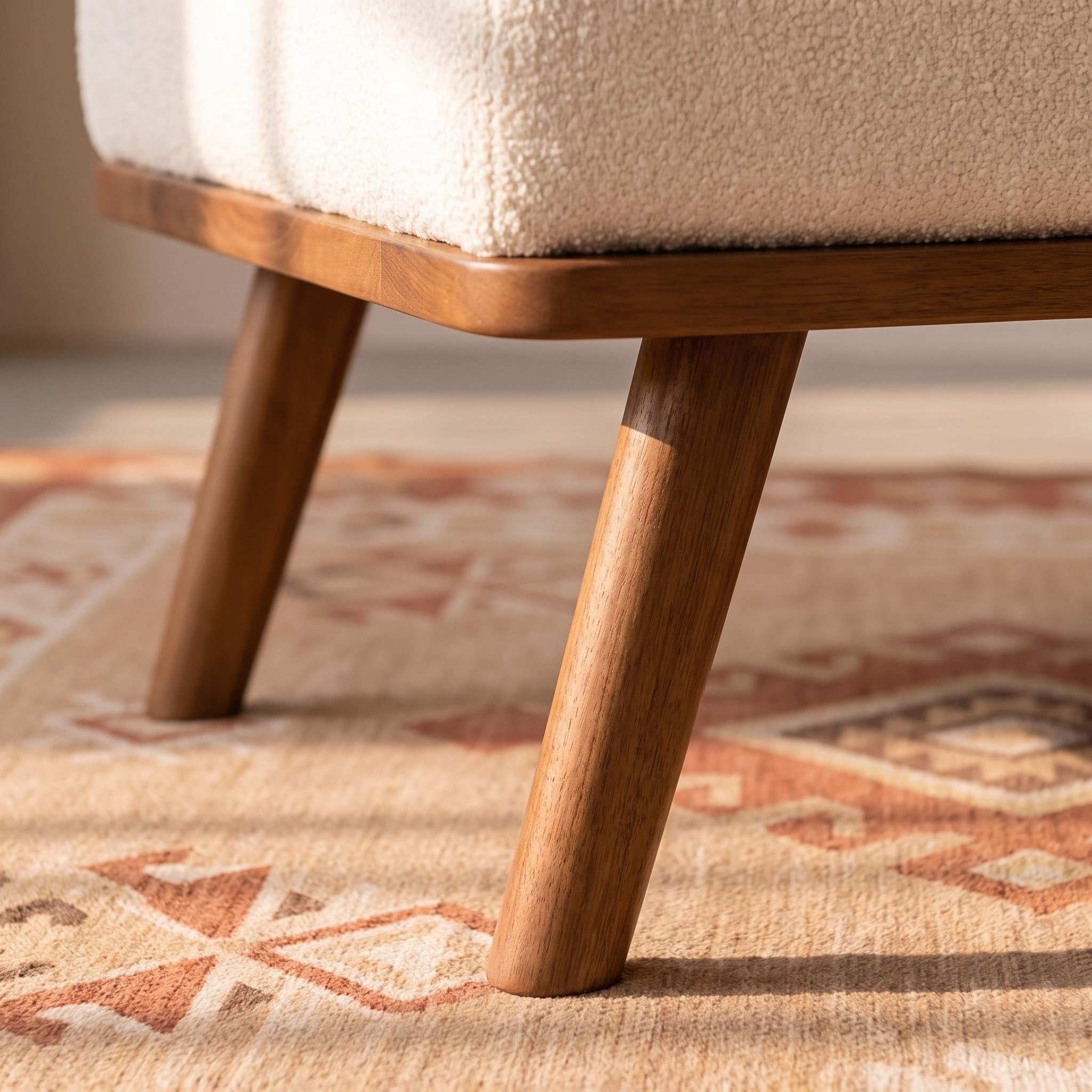 Bay Furniture Bouclé Storage Bench with Integrated Walnut Shelf Unit