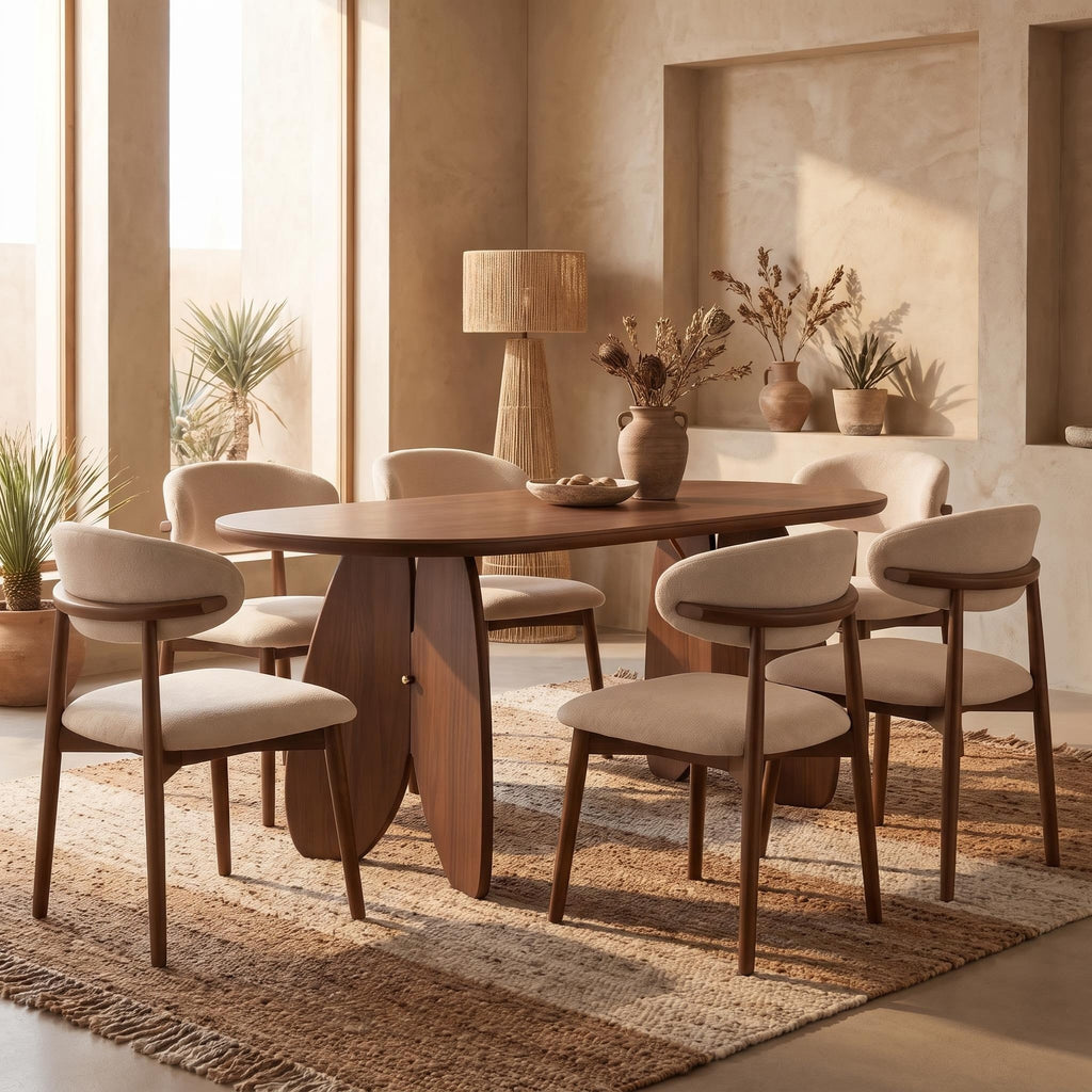 Bay Furniture Oval Stone Dining Table & Bouclé Chair Set – Petal Base