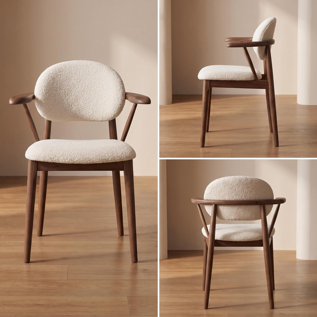 Bay Furniture Oval-Back T-Arm Bouclé Dining Chair with Walnut Frame