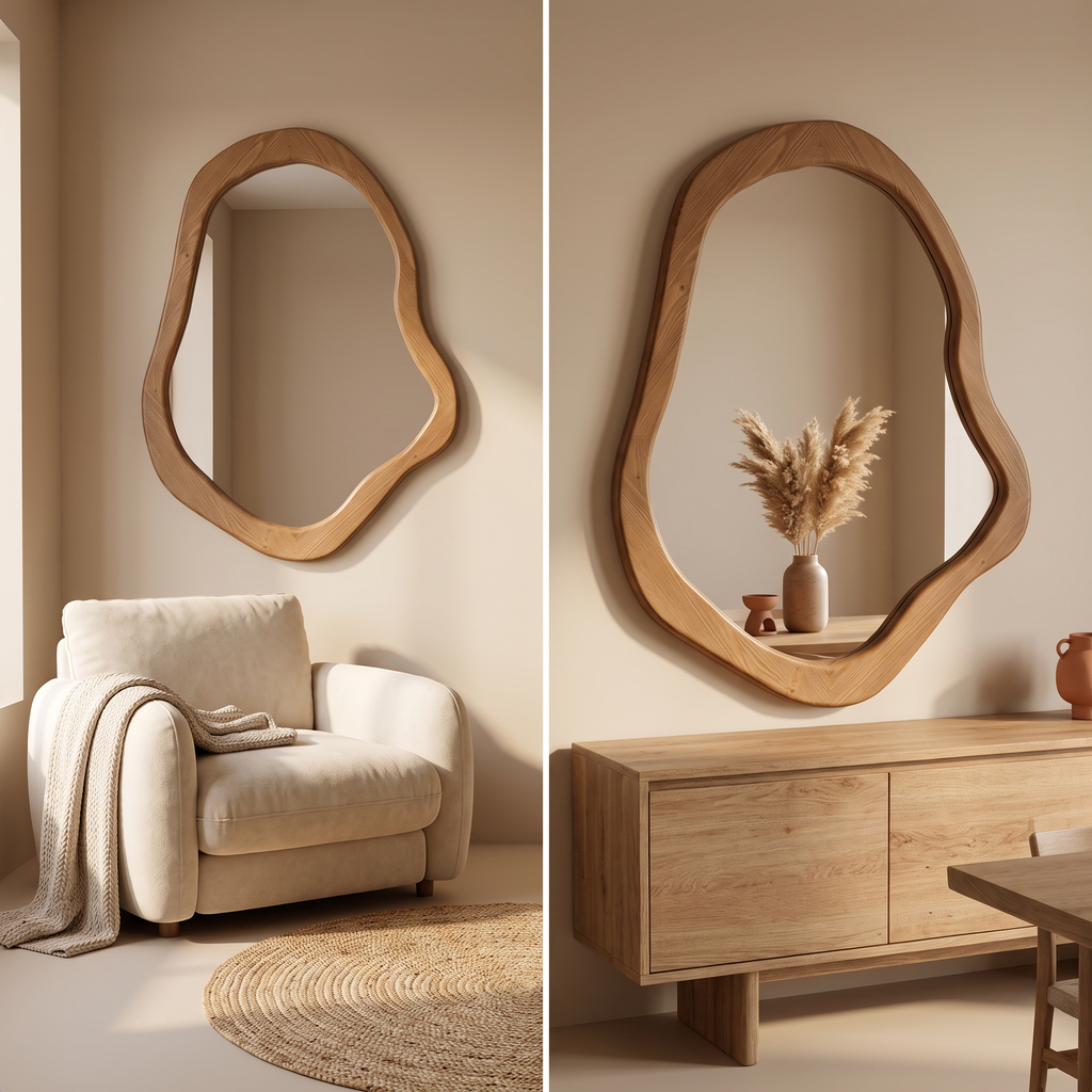 Bay Furniture Organic-Mirror Wall-Mounted Dressing Table Set with Bouclé Stool