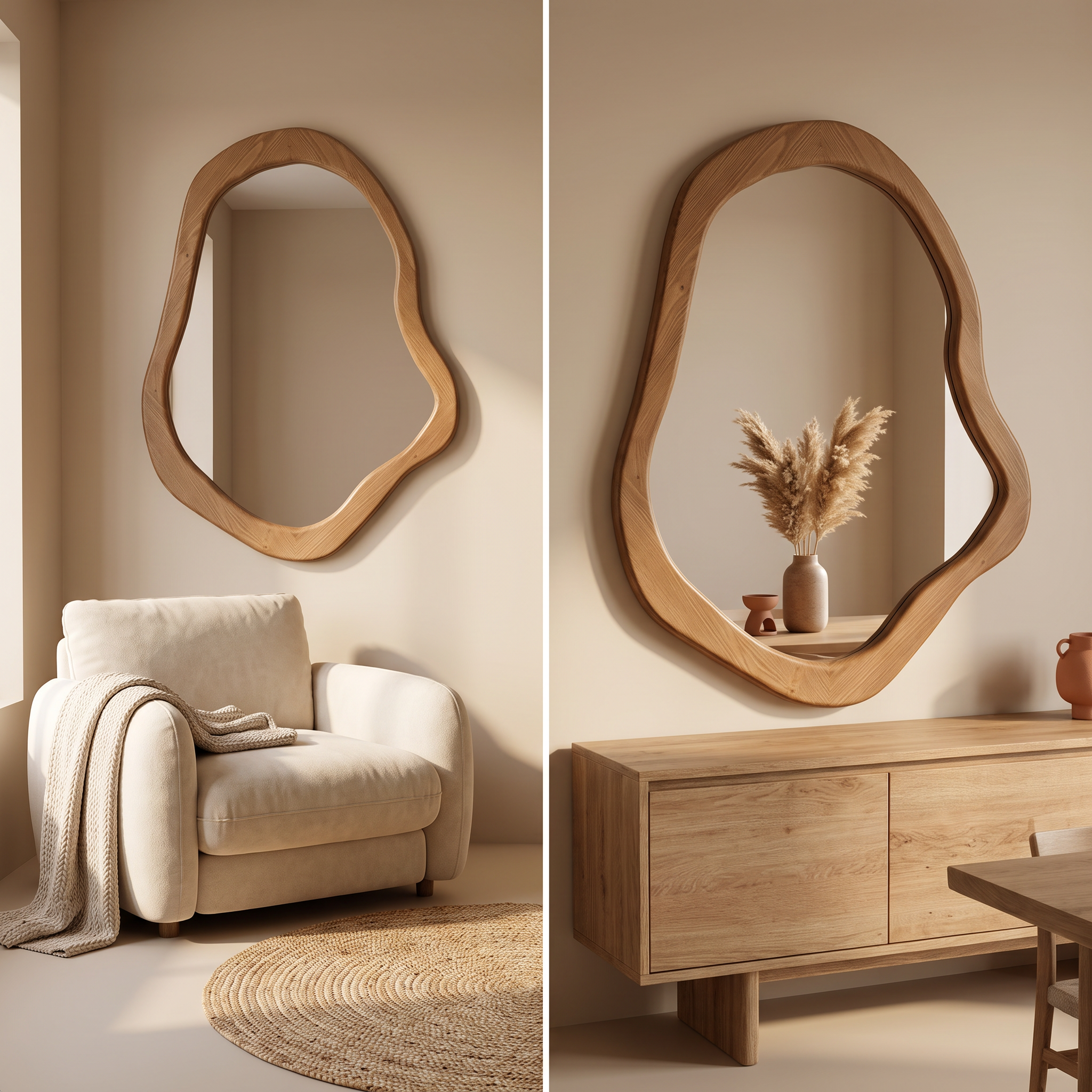 Bay Furniture Organic-Mirror Wall-Mounted Dressing Table Set with Bouclé Stool