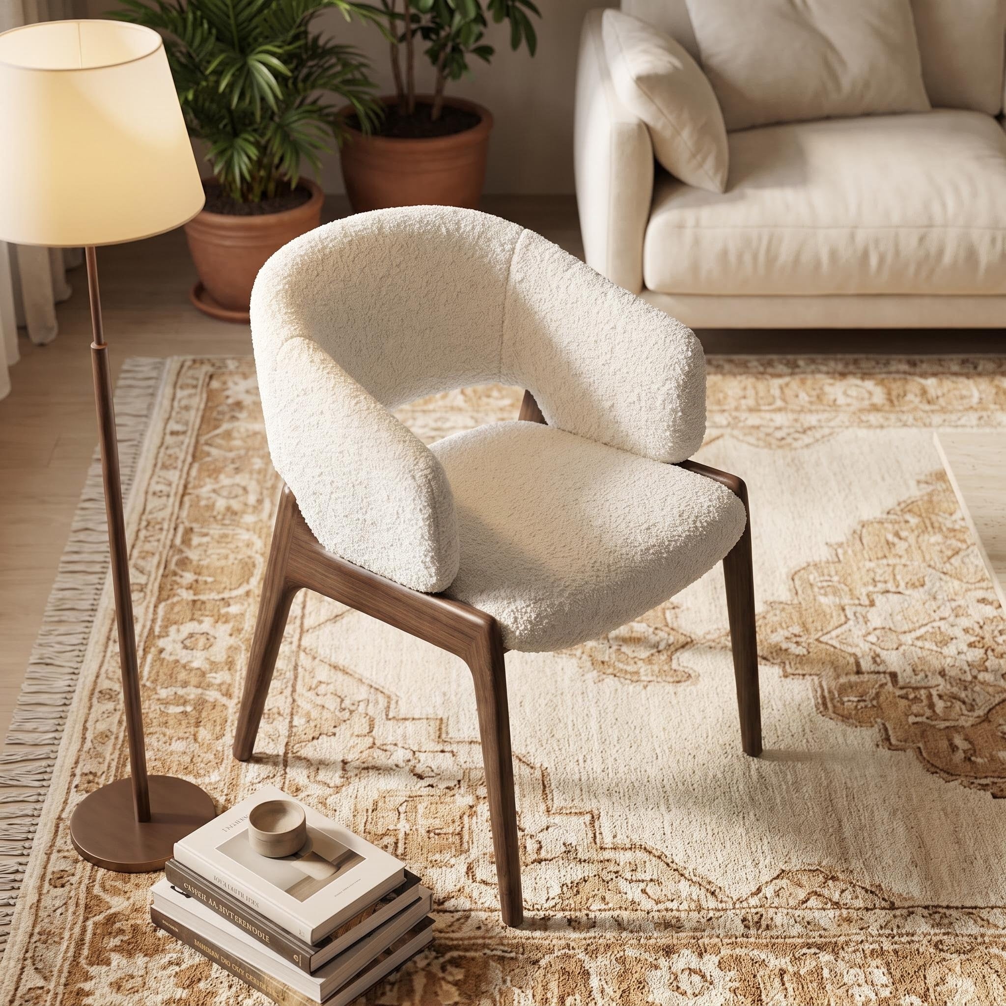 Bay Furniture U-Shell Bouclé & Shaggy Dining Chair with Walnut Legs