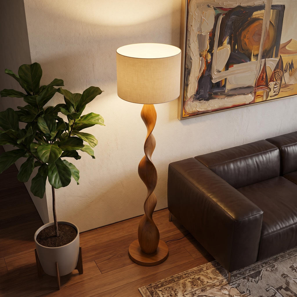 Bay Furniture Double Helix Carved Walnut Floor Lamp