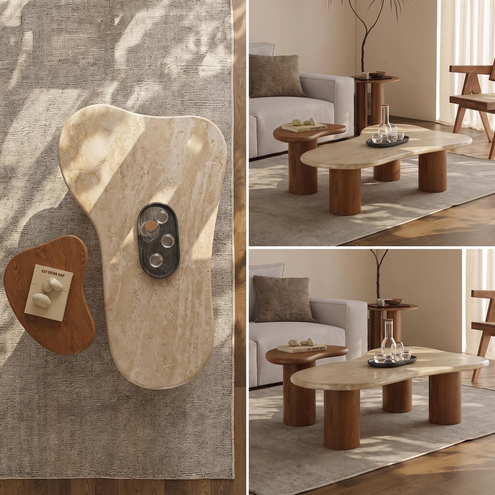 Bay Furniture Cloud-Form Travertine & Walnut Nesting Coffee Table Set