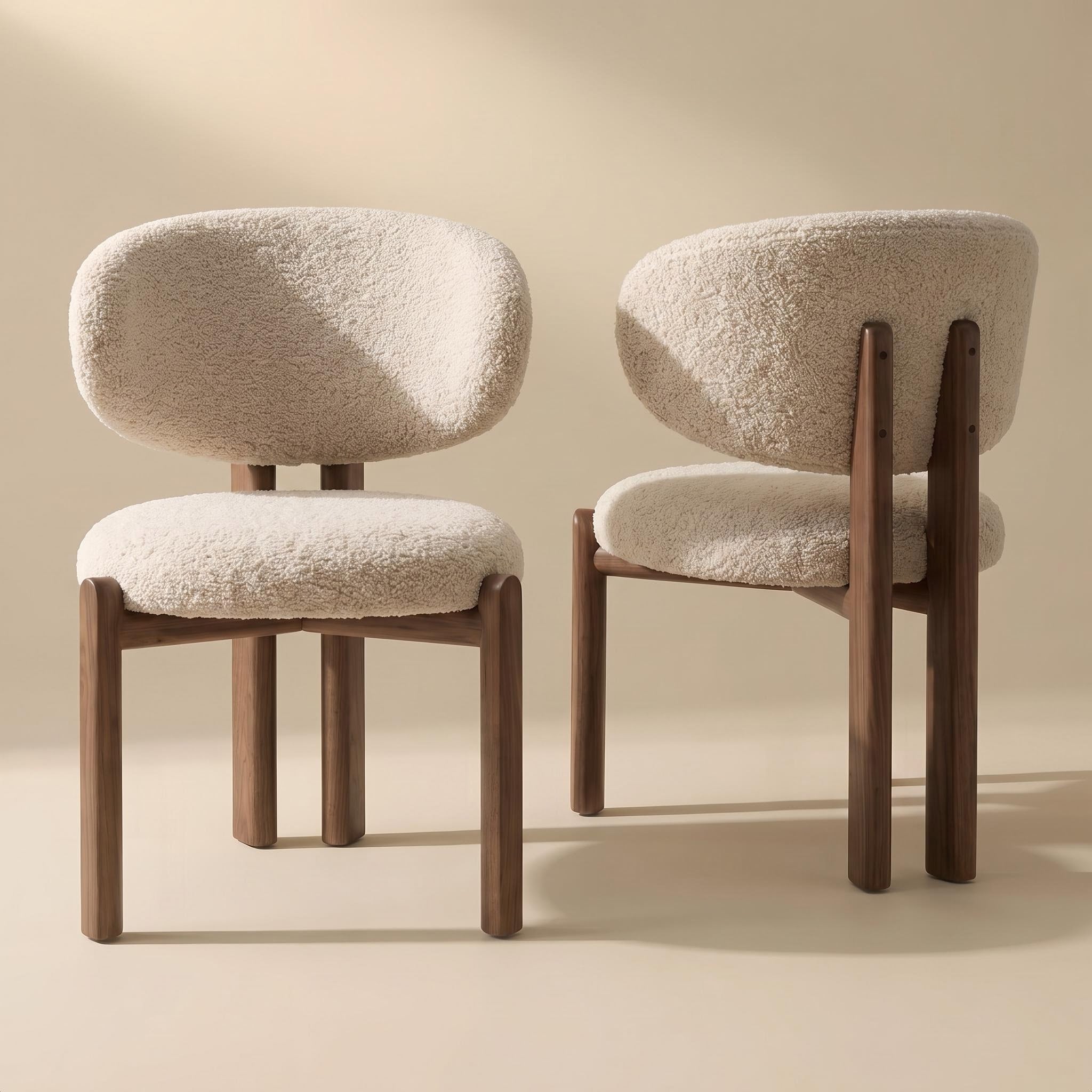 Bay Furniture Round-Back Bouclé Dining Chair with Walnut Cylinder Legs