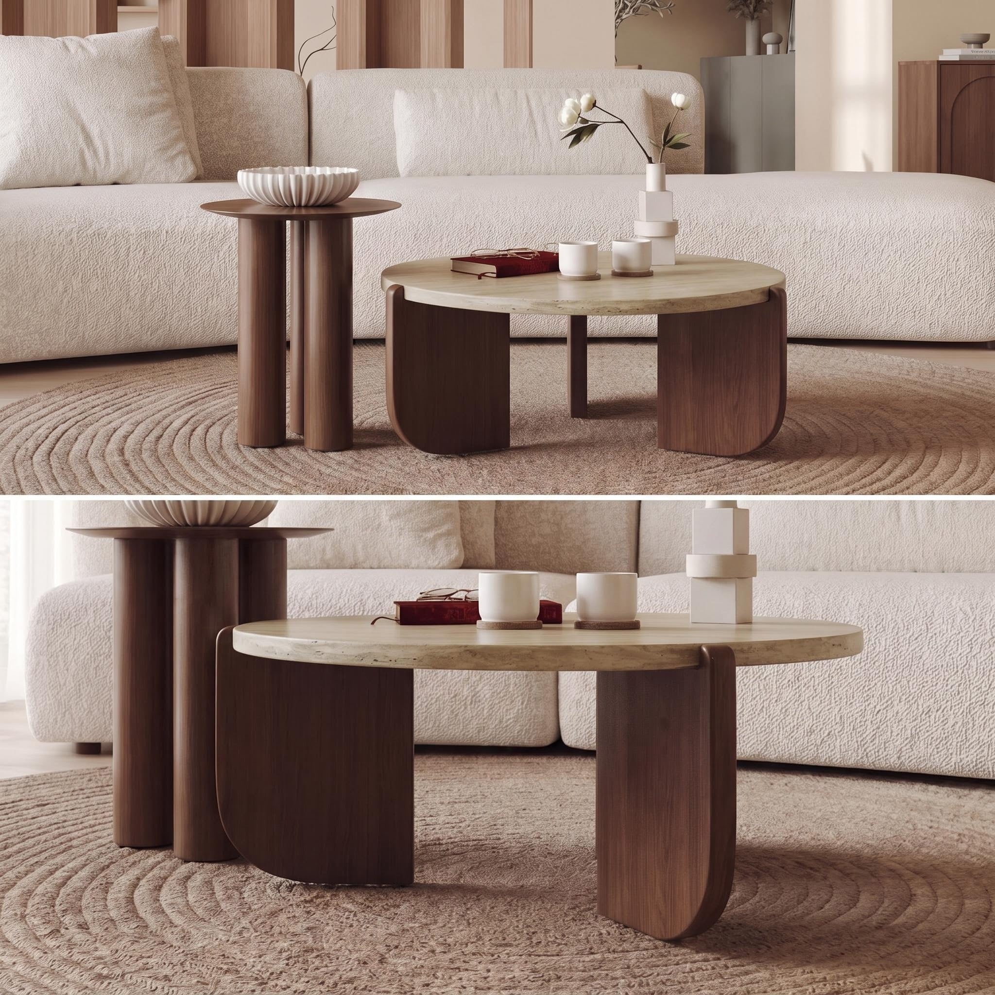 Bay Furniture Travertine Round Coffee Table & Walnut Side Table Set with Arch-Panel Base