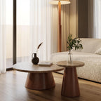 Bay Furniture Travertine Round Coffee & Side Table Set with Walnut Cone Pedestal