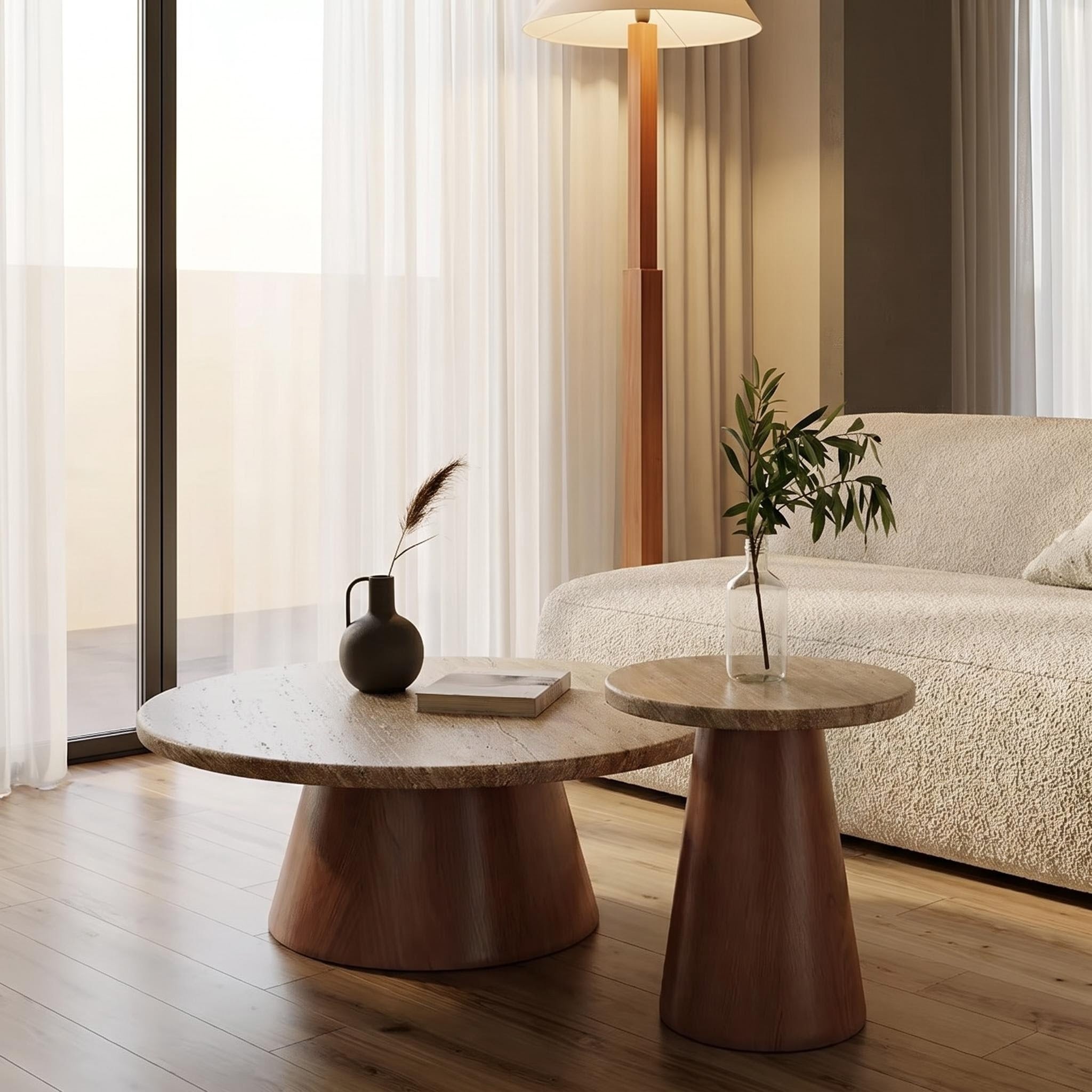 Bay Furniture Travertine Round Coffee & Side Table Set with Walnut Cone Pedestal