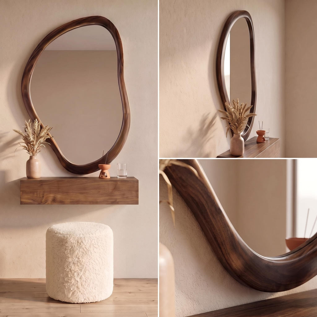 Organic Wall Mirror, Floating Shelf & Bouclé Stool Dressing Set – Walnut | Bay Furniture