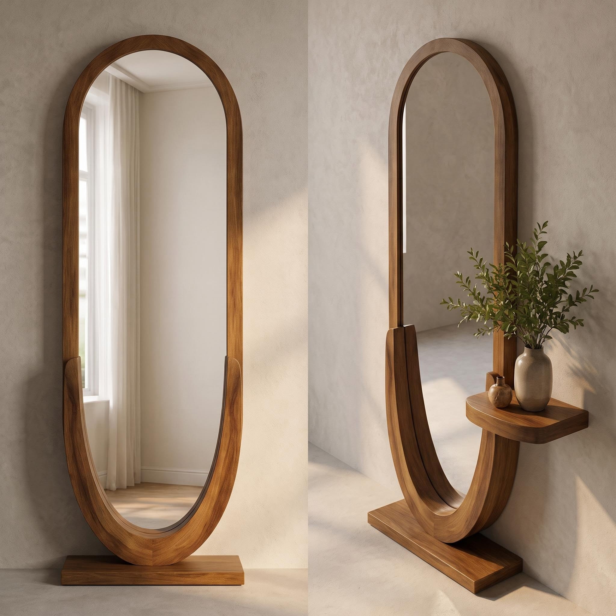 Bay Furniture Oval Standing Floor Mirror with Side Shelf