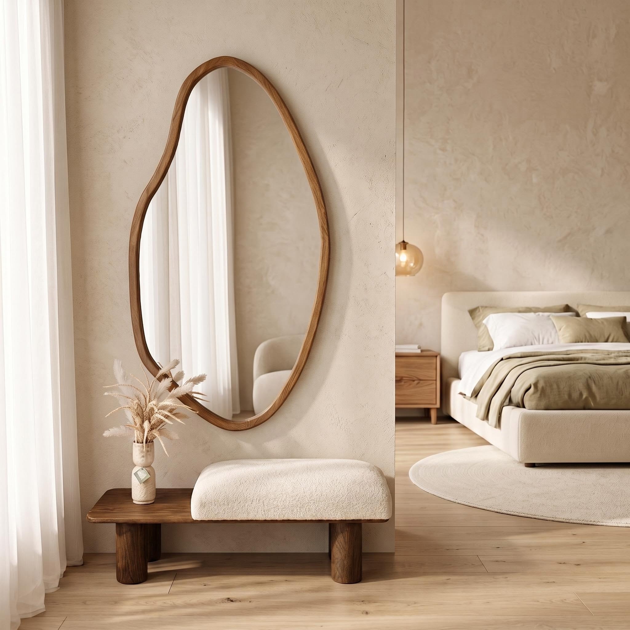 Organic Mirror & Walnut Bench Set – Bouclé Cushion | Bay Furniture