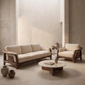 Bay Furniture Slatted Panel Wood Sofa – Boucle Cushions