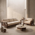 Bay Furniture Slatted Panel Wood Sofa – Boucle Cushions