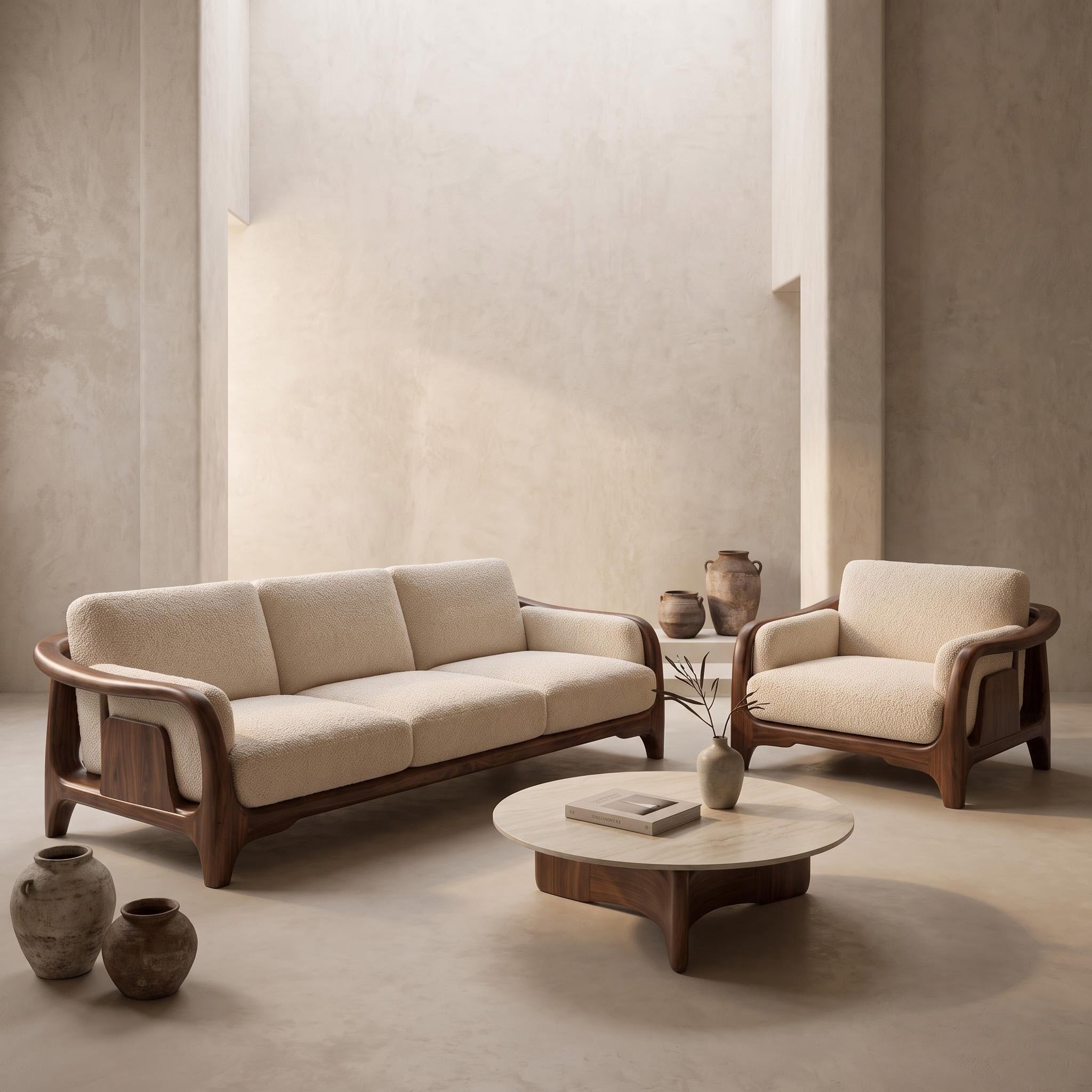 Bay Furniture Slatted Panel Wood Sofa – Boucle Cushions