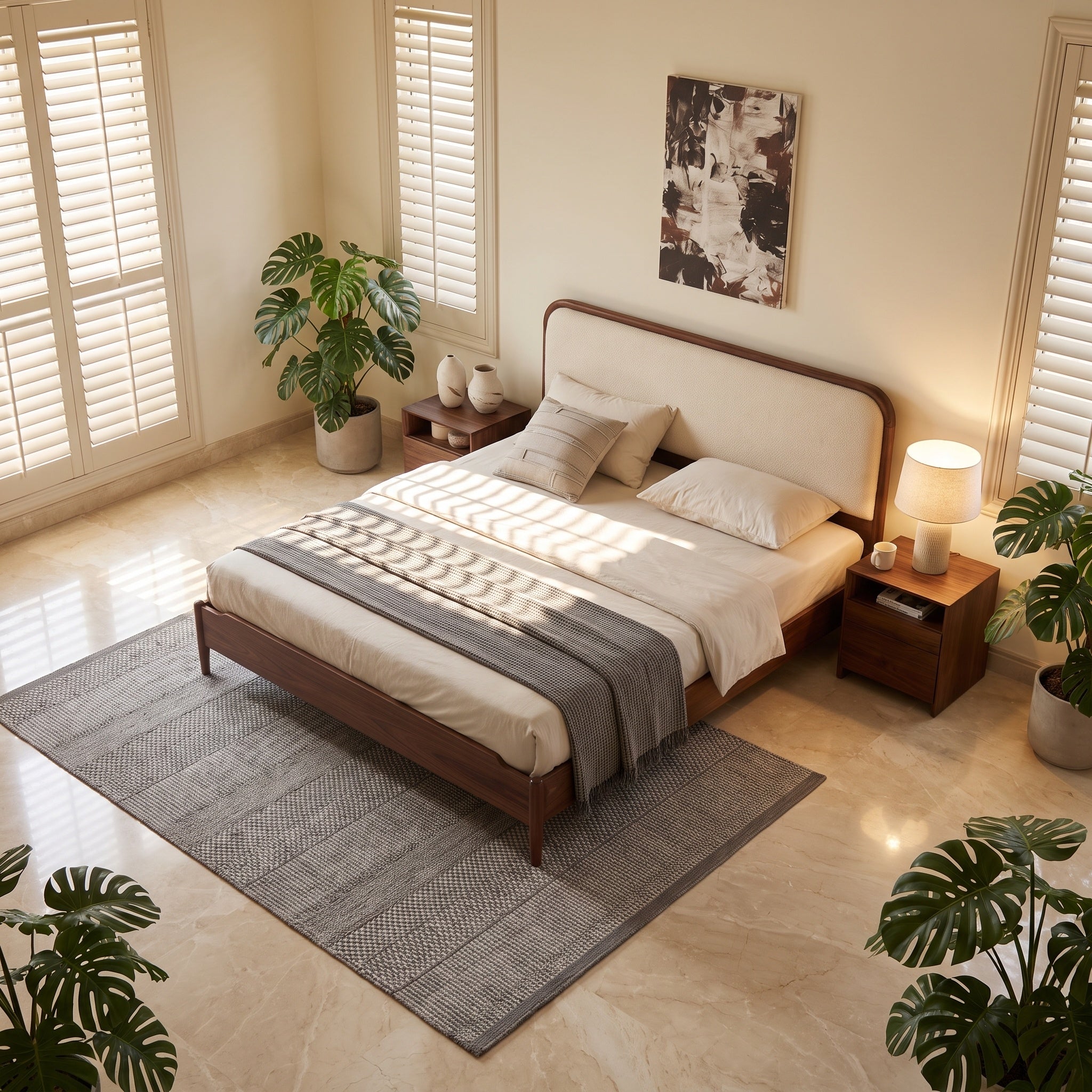 Bay Furniture Walnut Wood Leg Bed – Upholstered Headboard, Frame Only
