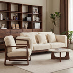 Bay Furniture Square Frame Wood Sofa – Boucle with Scatter Cushions
