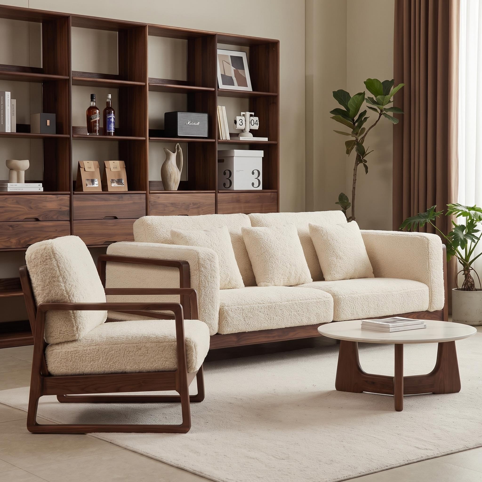 Bay Furniture Square Frame Wood Sofa – Boucle with Scatter Cushions