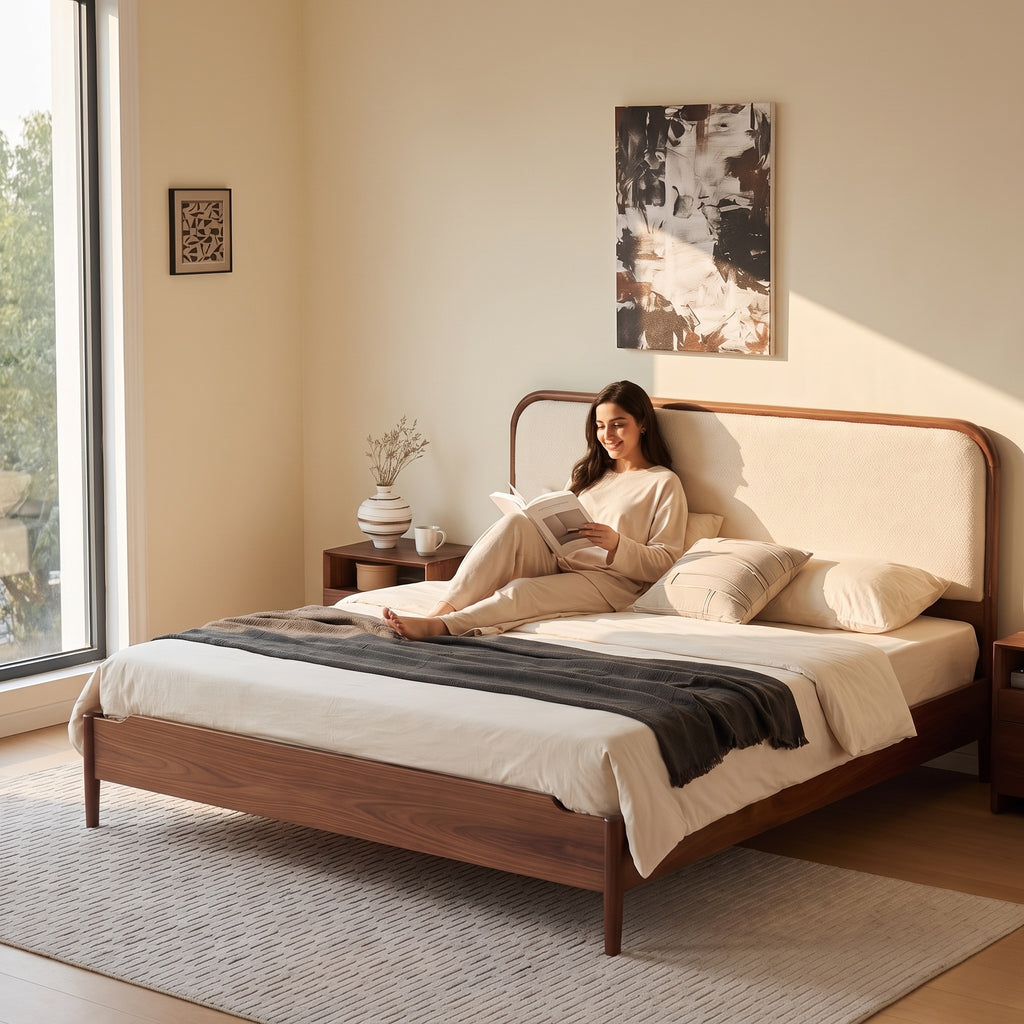 Bay Furniture Walnut Wood Leg Bed – Upholstered Headboard, Frame Only