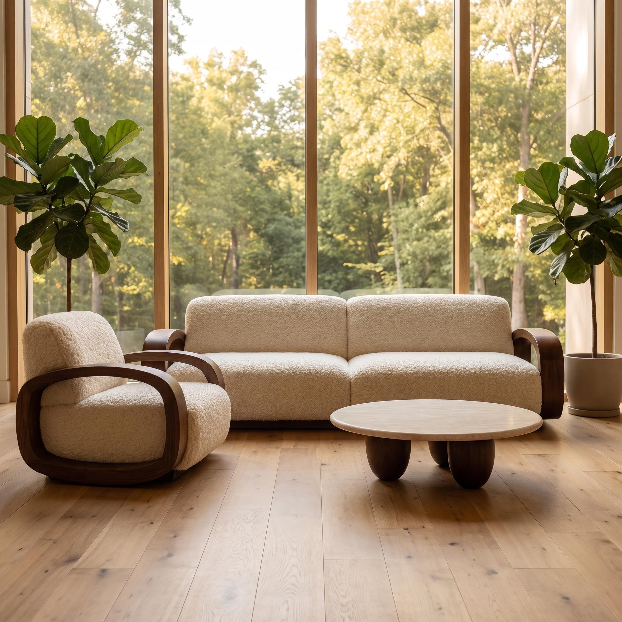 Bay Furniture Rounded Frame Sofa – Boucle with Scatter Cushions