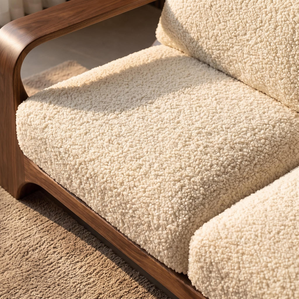 Bay Furniture Curved Wood Frame Sofa – Boucle Upholstery