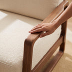 Bay Furniture Square Frame Wood Sofa – Boucle with Scatter Cushions