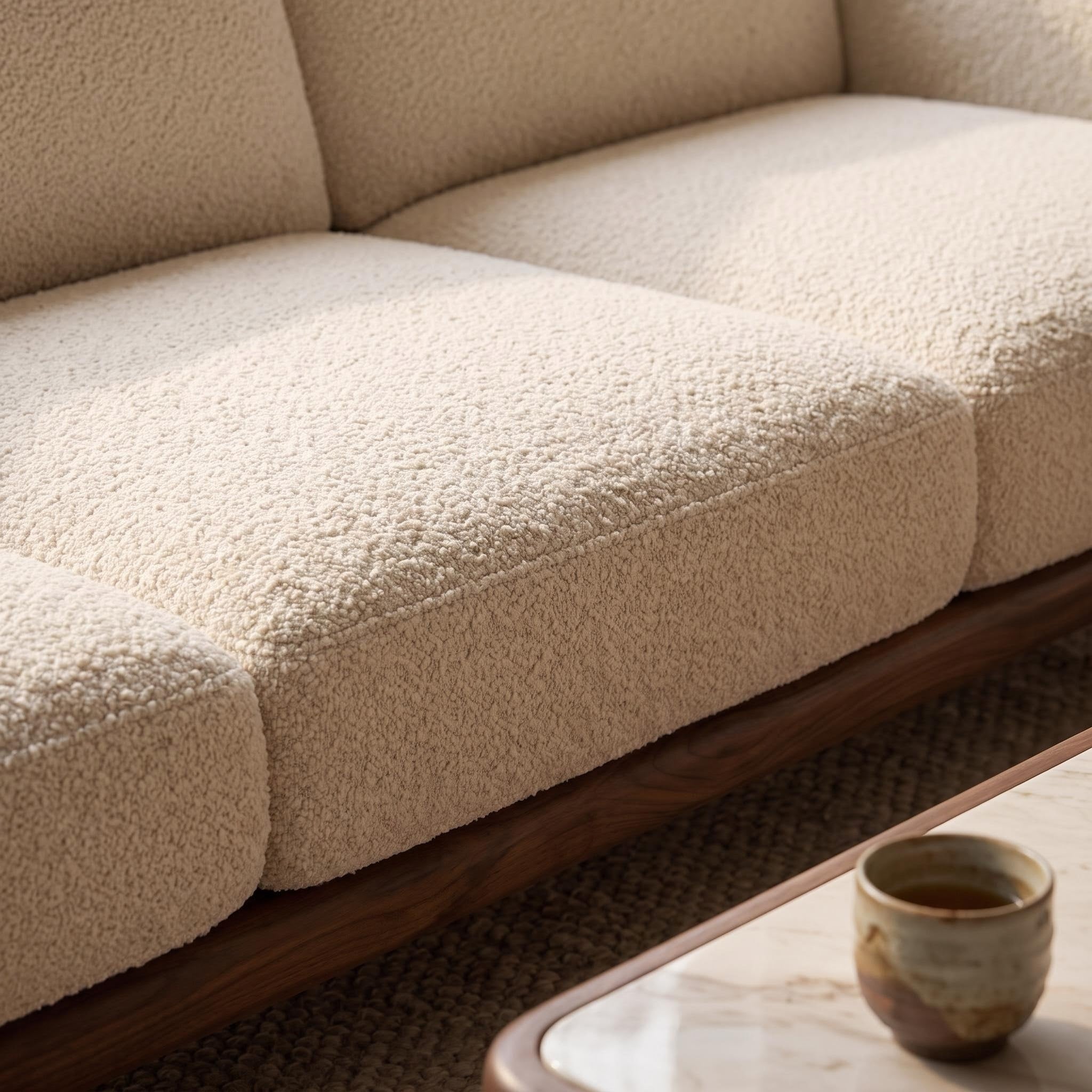 Bay Furniture Slatted Panel Wood Sofa – Boucle Cushions
