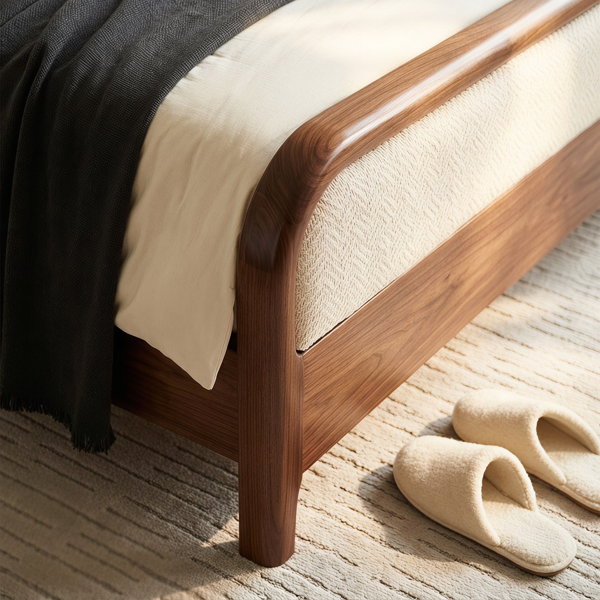 Bay Furniture Walnut Wood Leg Bed – Upholstered Headboard, Frame Only