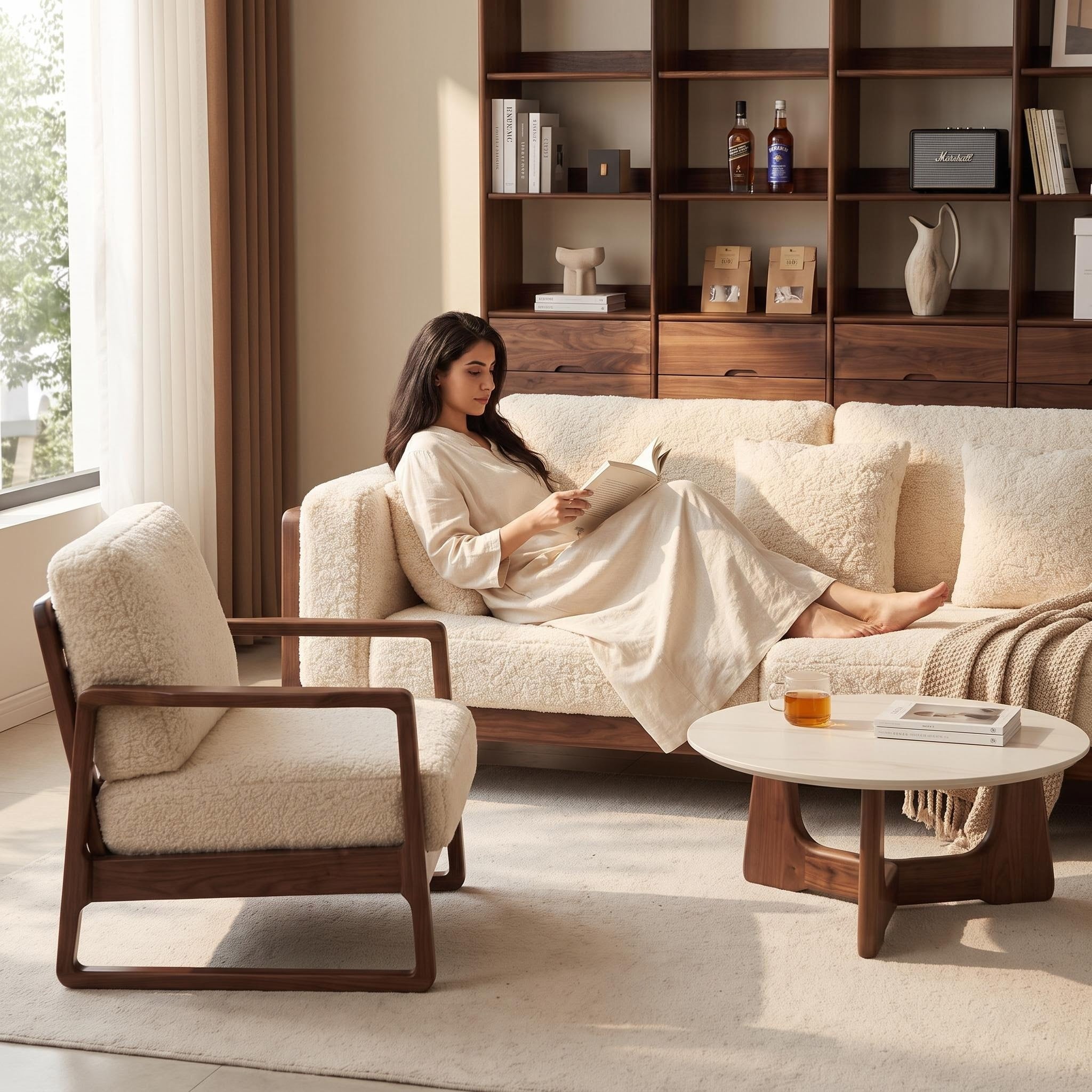 Bay Furniture Square Frame Wood Sofa – Boucle with Scatter Cushions