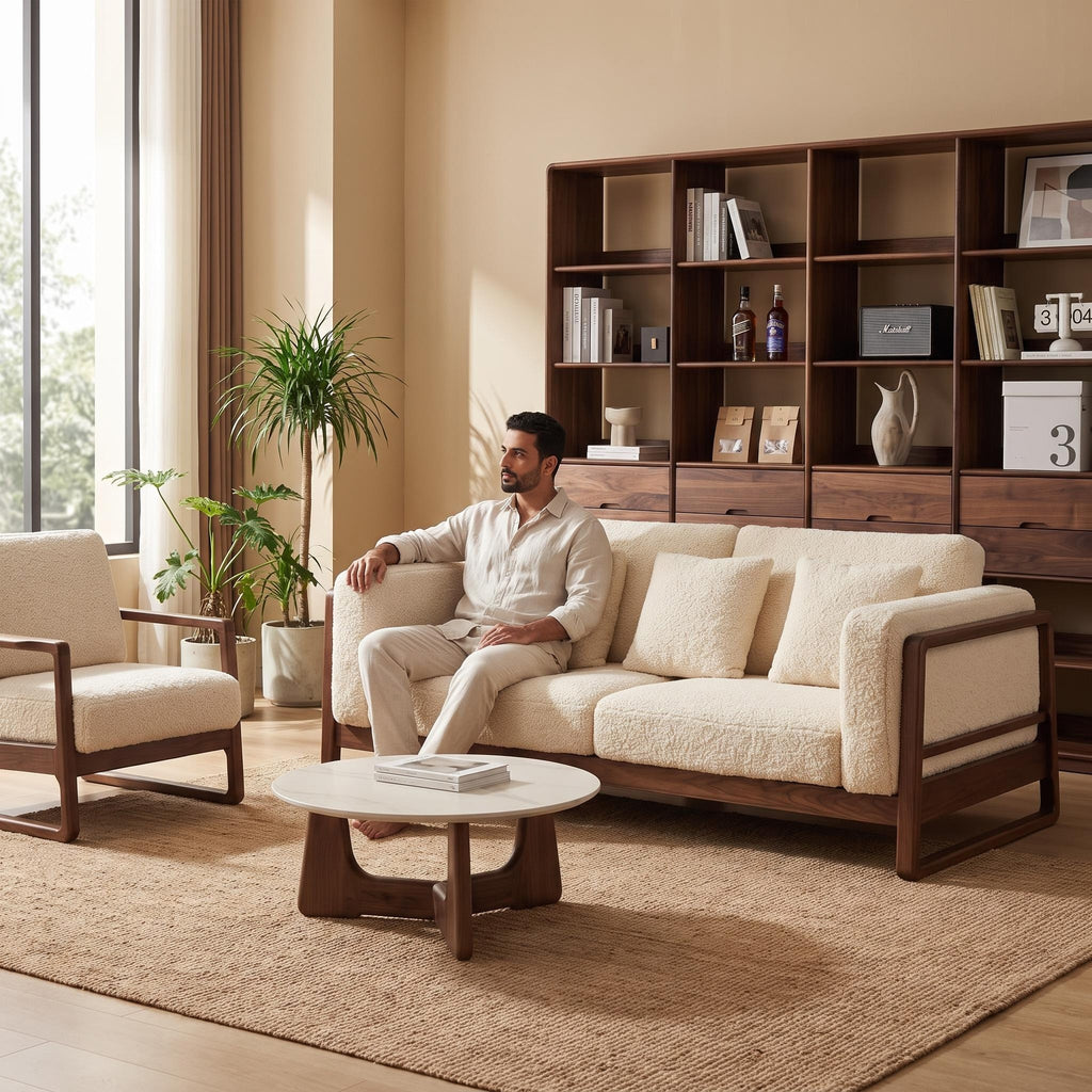 Bay Furniture Square Frame Wood Sofa – Boucle with Scatter Cushions