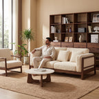 Bay Furniture Square Frame Wood Sofa – Boucle with Scatter Cushions