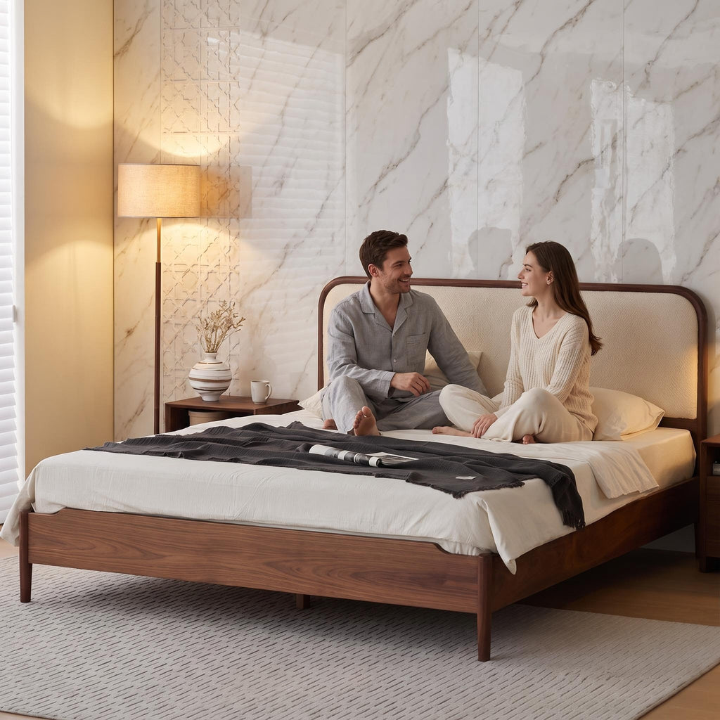 Bay Furniture Walnut Wood Leg Bed – Upholstered Headboard, Frame Only