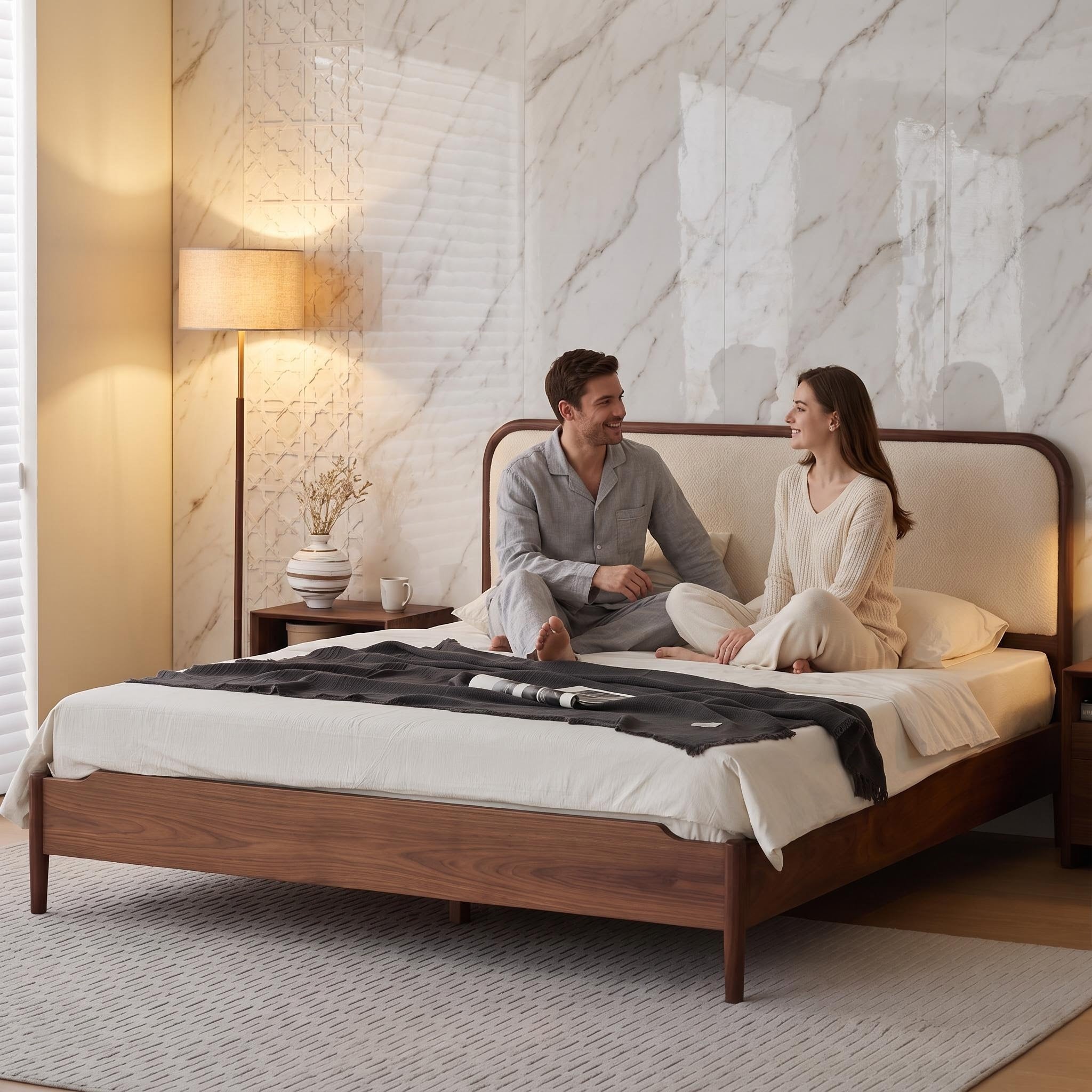 Bay Furniture Walnut Wood Leg Bed – Upholstered Headboard, Frame Only