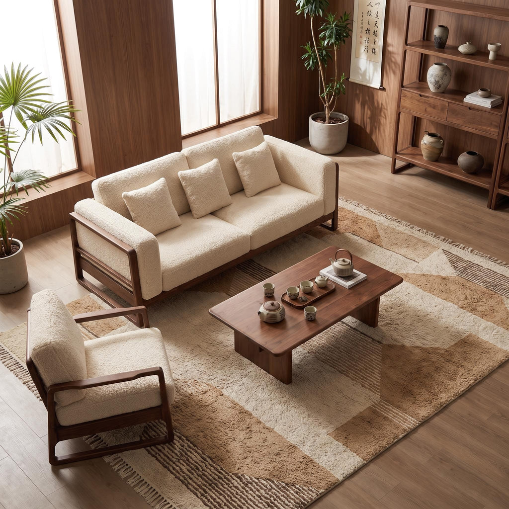 Bay Furniture Square Frame Wood Sofa – Boucle with Scatter Cushions