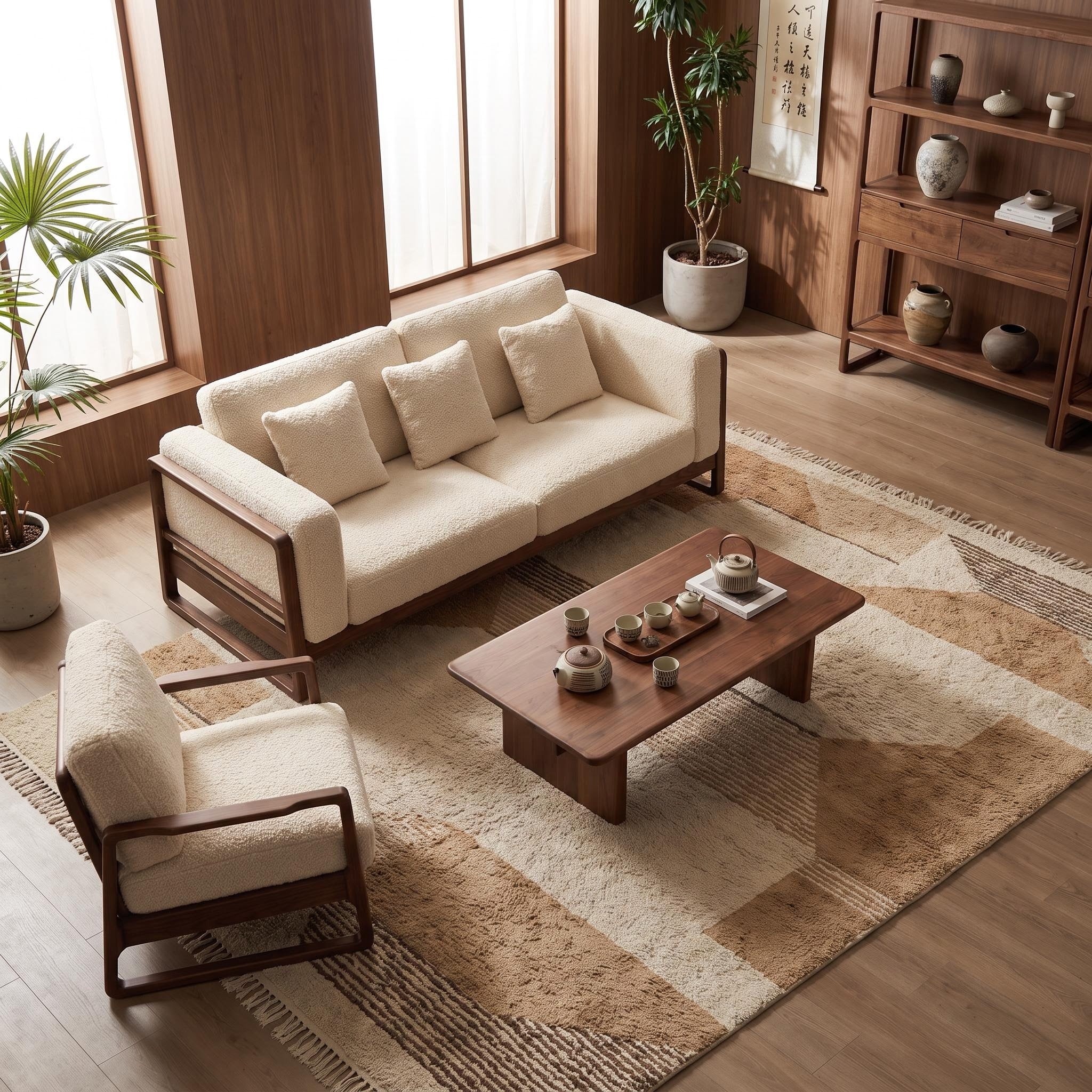 Bay Furniture Square Frame Wood Sofa – Boucle with Scatter Cushions