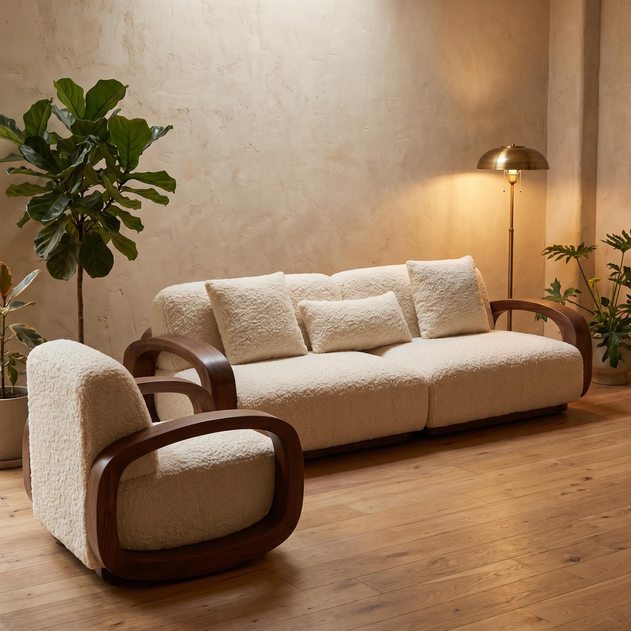 Bay Furniture Rounded Frame Sofa – Boucle with Scatter Cushions