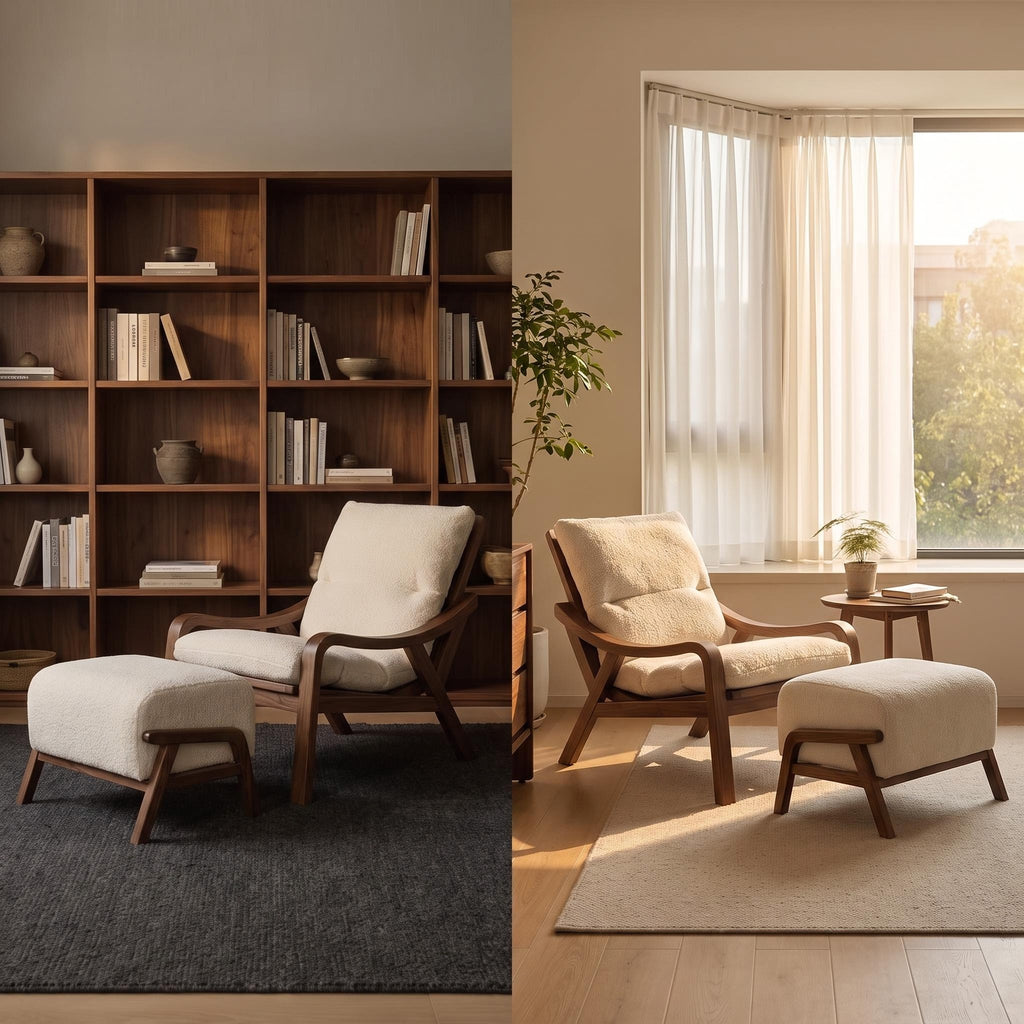 Bay Furniture Curved Arm Boucle Chair & Ottoman Set