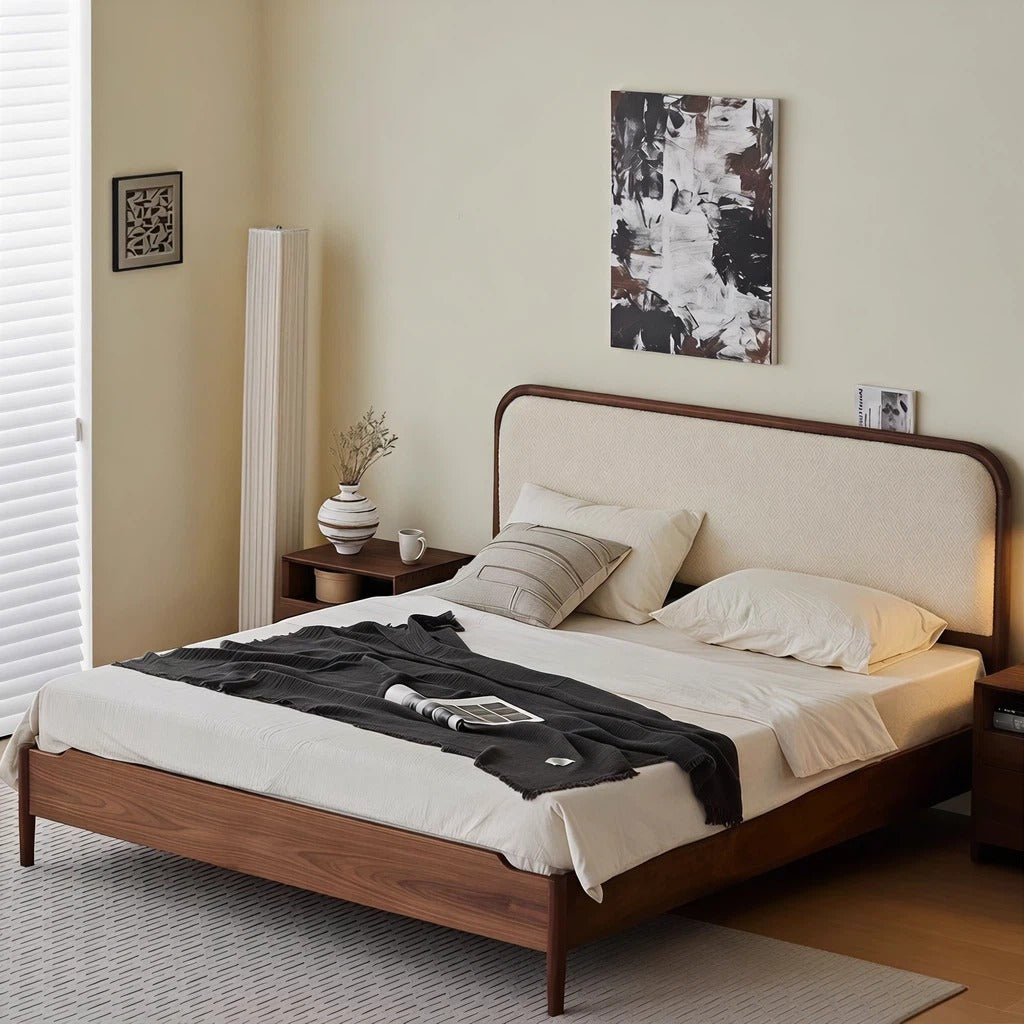 Bay Furniture Walnut Wood Leg Bed – Upholstered Headboard, Frame Only