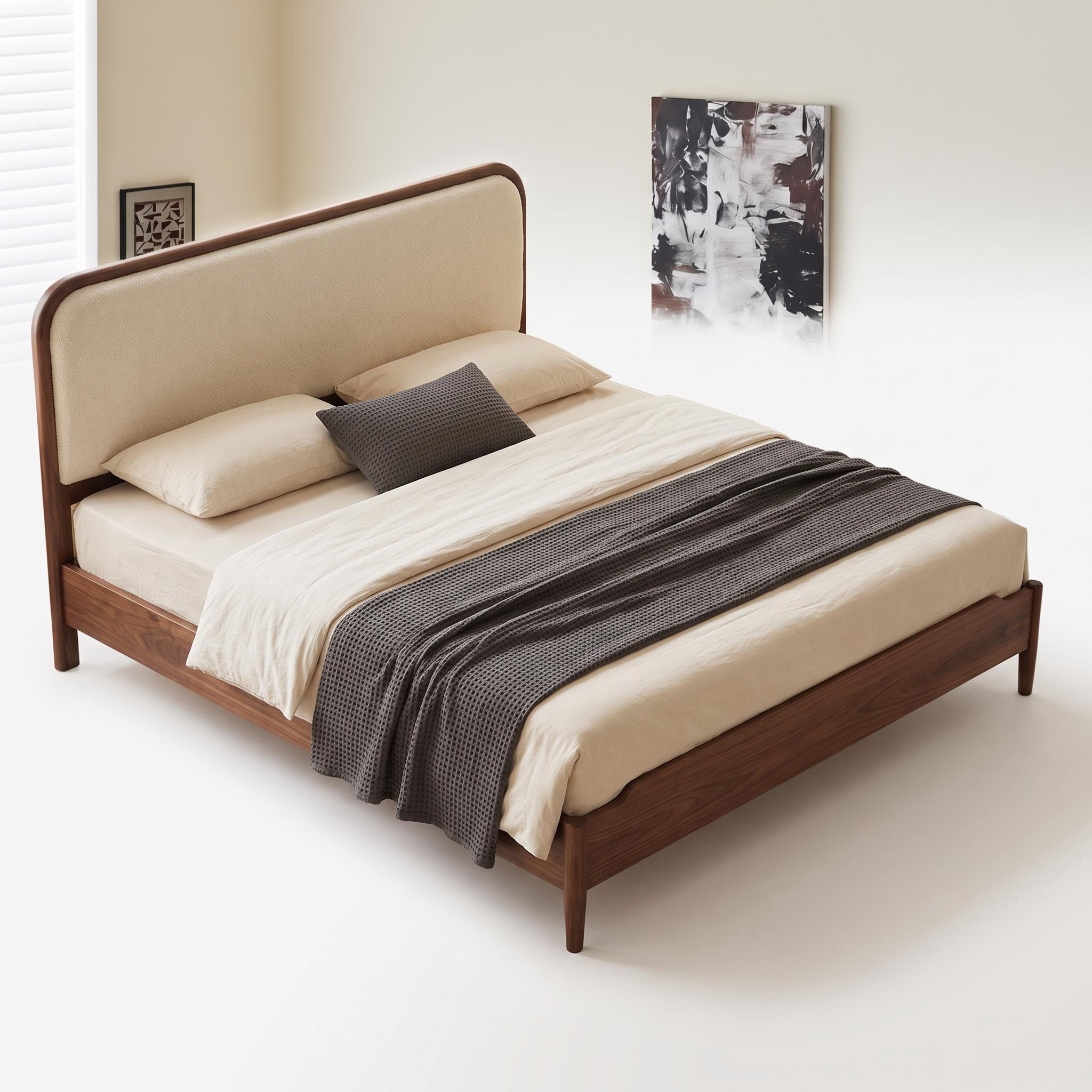 Bay Furniture Walnut Wood Leg Bed – Upholstered Headboard, Frame Only