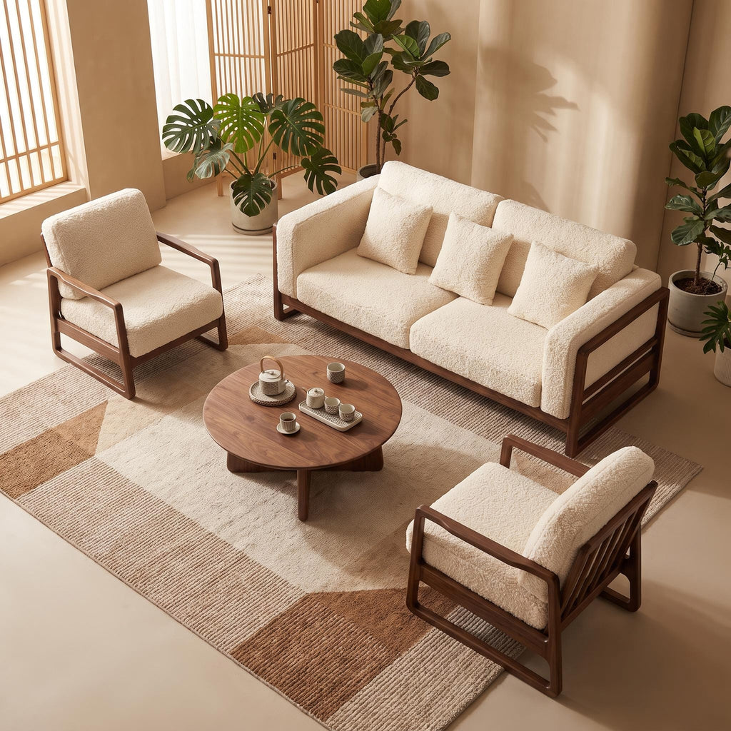Bay Furniture Square Frame Wood Sofa – Boucle with Scatter Cushions