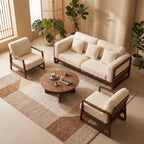 Bay Furniture Square Frame Wood Sofa – Boucle with Scatter Cushions