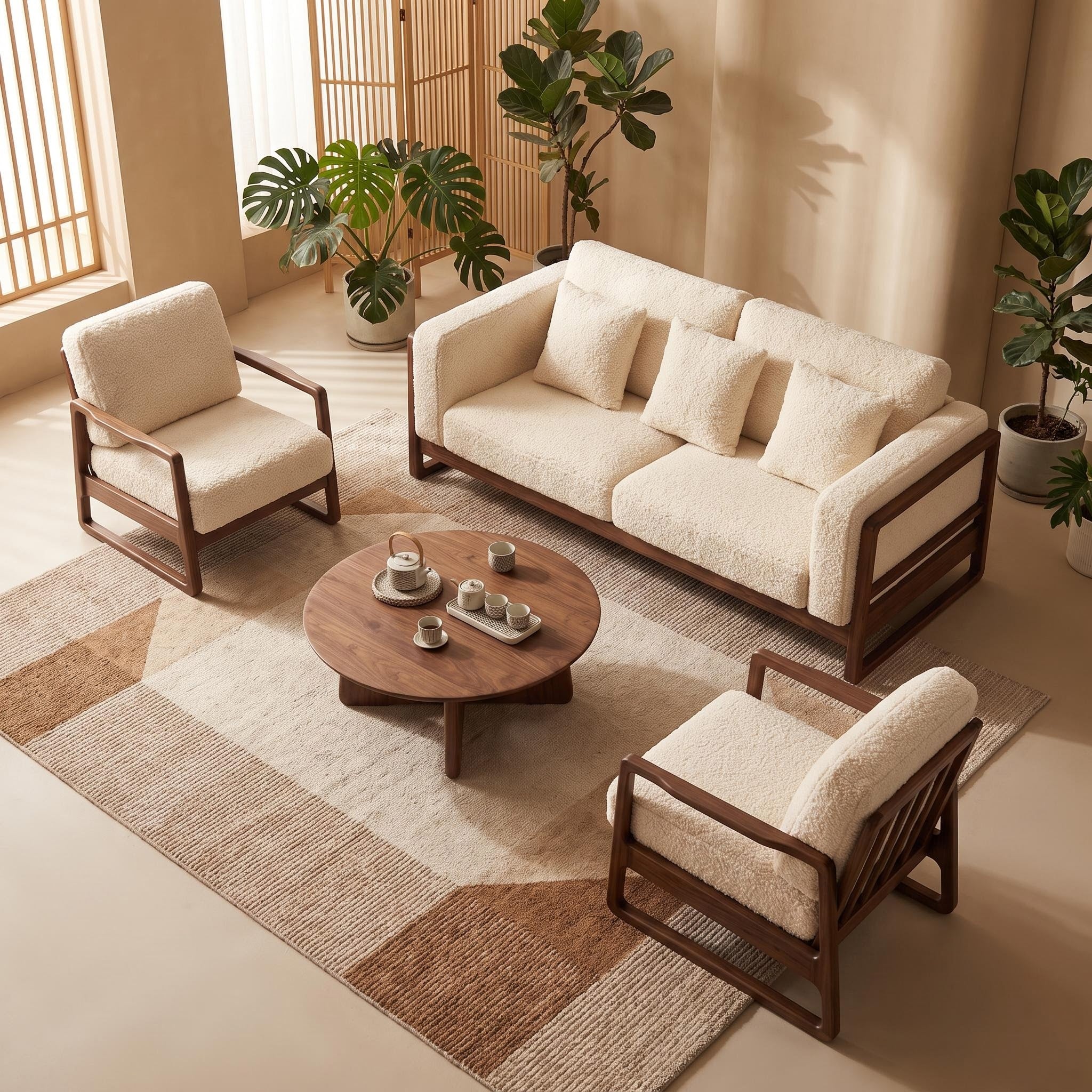 Bay Furniture Square Frame Wood Sofa – Boucle with Scatter Cushions
