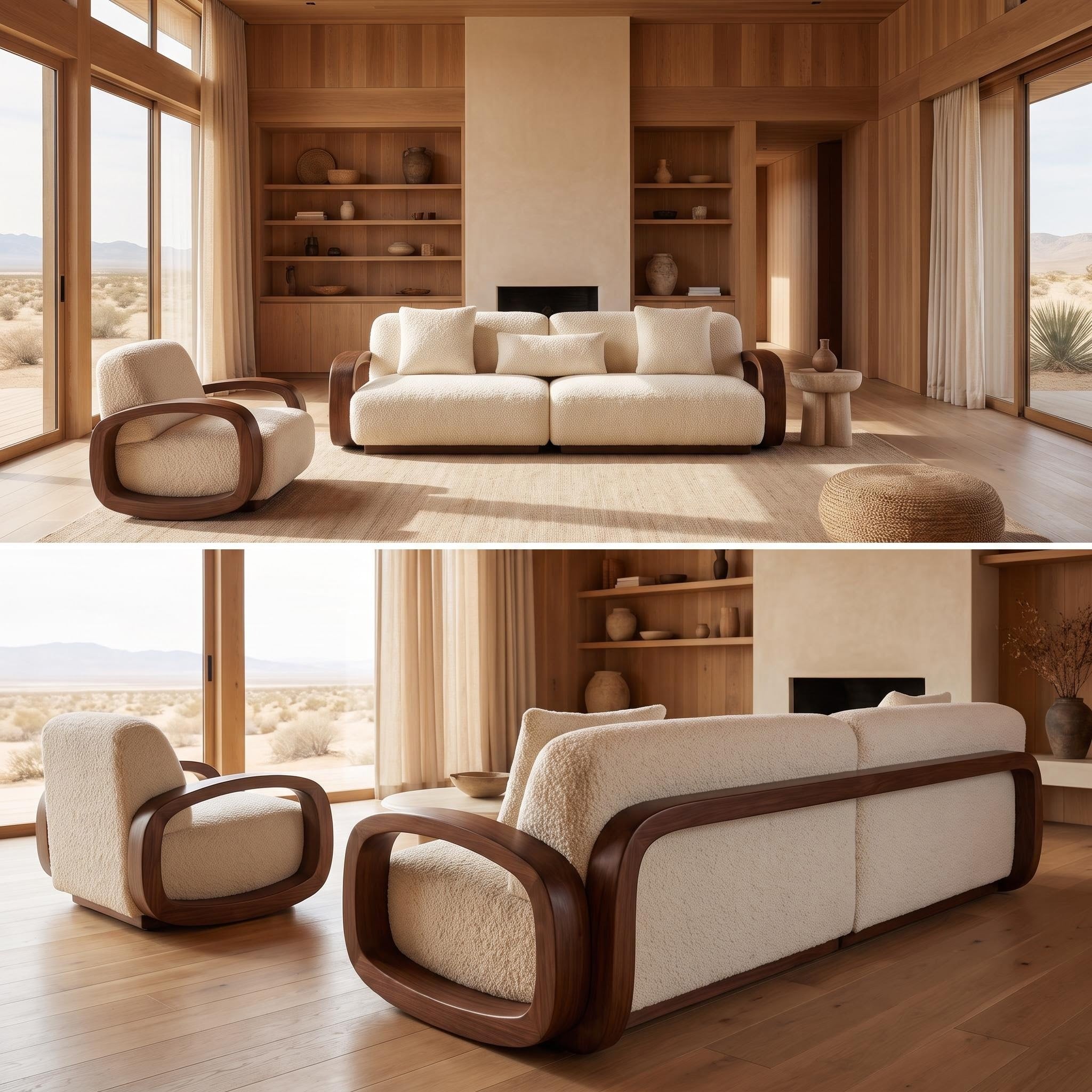 Bay Furniture Rounded Frame Sofa – Boucle with Scatter Cushions